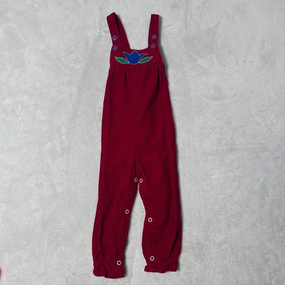 Vintage Sears Kids Corduroy Overalls Red Blue Flower Applique Large 32-36 pounds